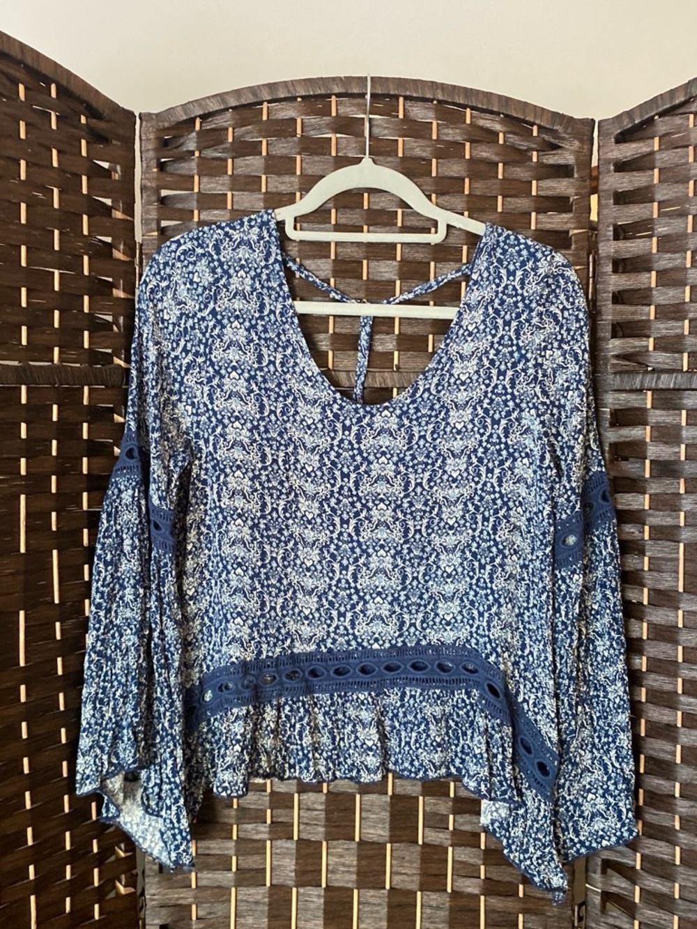 Vintage Havana Navy and White Floral Blouse with Cross Tie Back and Embroidery